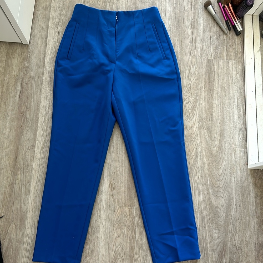 blue zara high waisted trouser